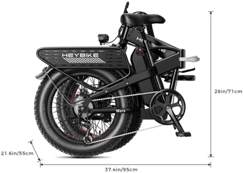 A Mars 2 Ebike in its folded position with dimensions printed on every side. 