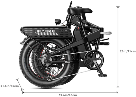 A Mars 2 Ebike in its folded position with dimensions printed on every side. 