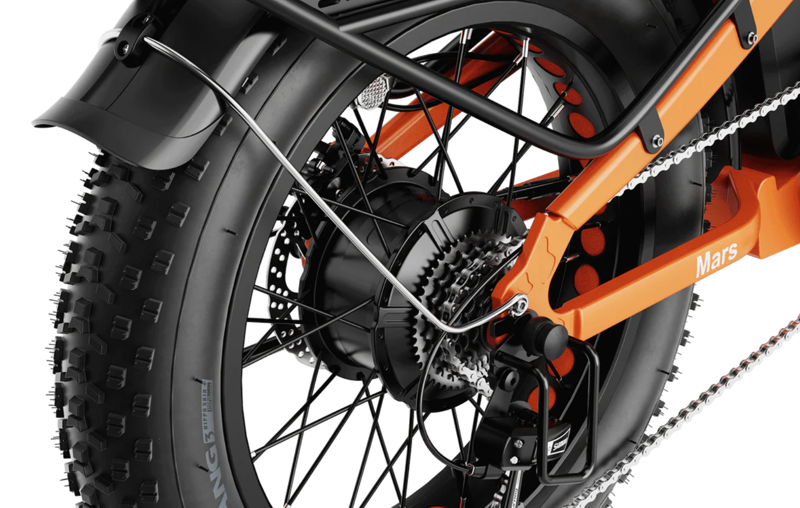 Close up view of the rear wheel and motor of Mars 2 Ebike