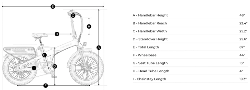 A graphic displaying the measurements of the Mars 2 Ebike.