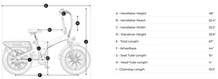 A graphic displaying the measurements of the Mars 2 Ebike.