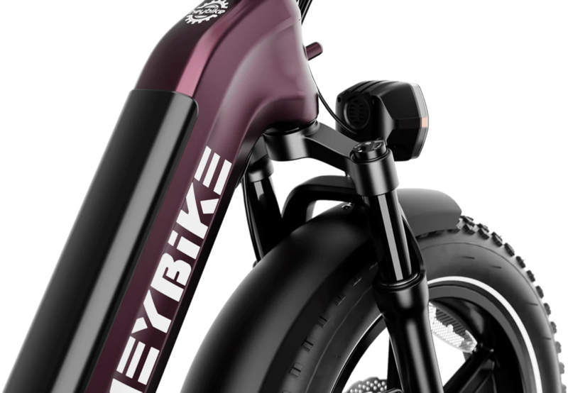 Close up of the front suspension on the Heybike Ranger S Ebike