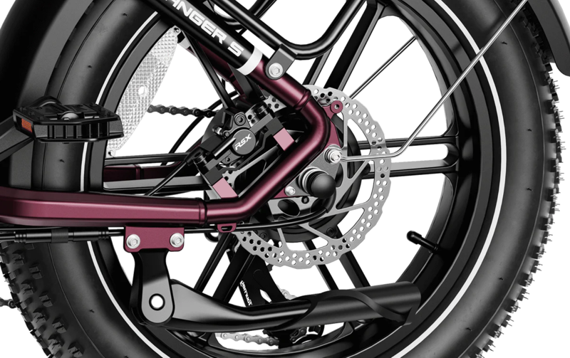 Close up view of rear tire and brake system of the Heybike Ranger S Ebike
