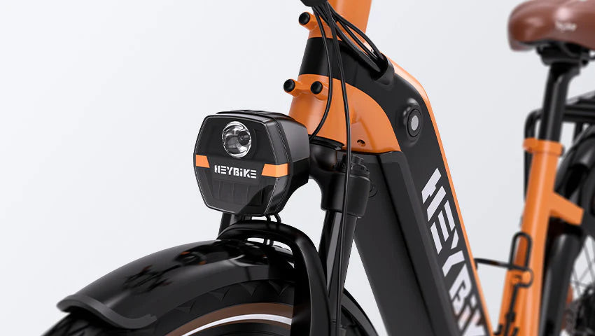 A close up of the front headlight on the Cityrun Ebike by Heybike