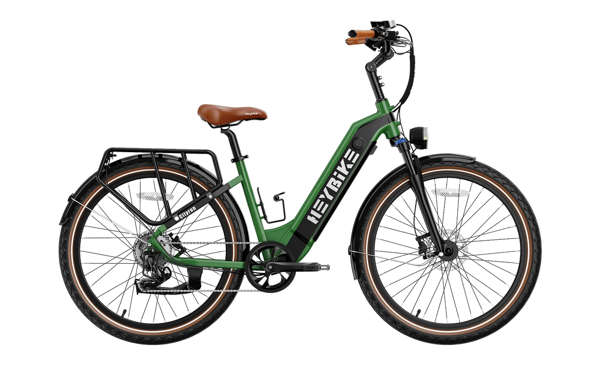 A side view of the green Cityrun Ebike by Heybike